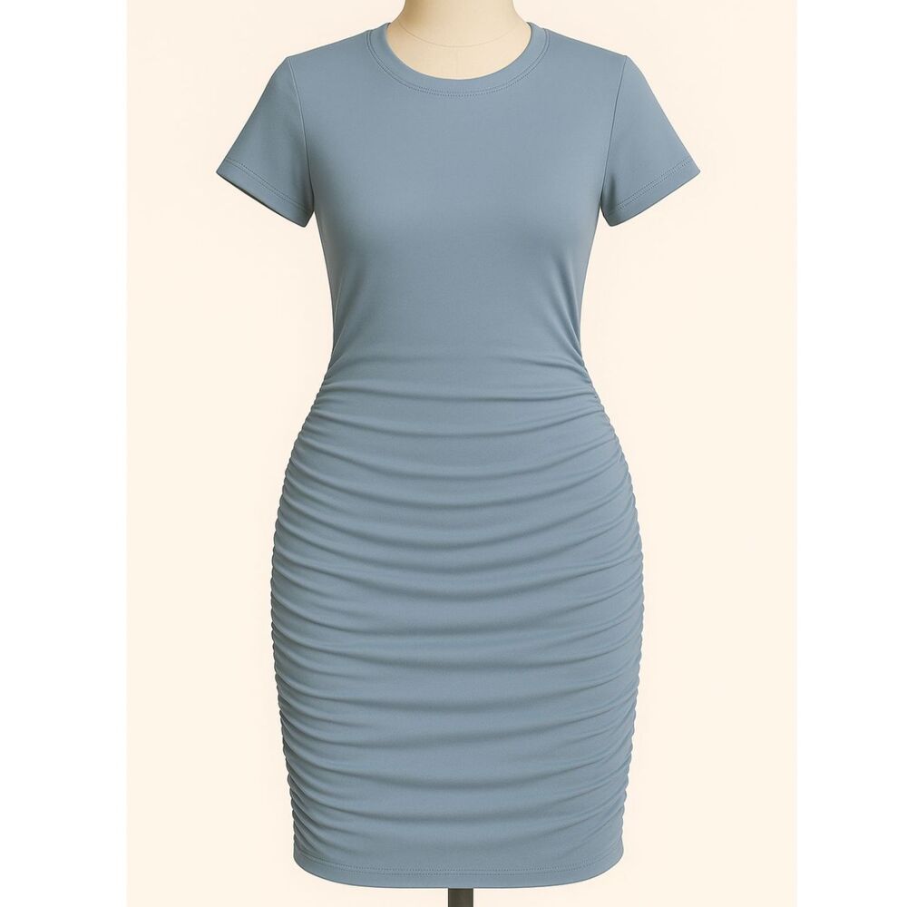 Ekouaer Baby Blue Ruched Dress Size Small